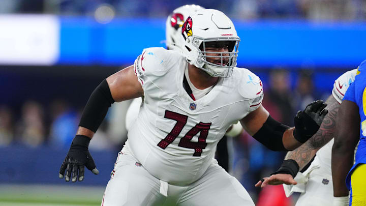 Dec 28, 2024; Inglewood, California, USA; Arizona Cardinals guard Isaiah Adams (74) lines up against the Los Angeles Rams in the second half at SoFi Stadium. Mandatory Credit: Kirby Lee-Imagn Images
