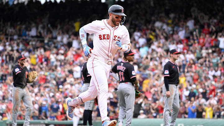 Sep 1, 2025; Boston, Massachusetts, USA; Boston Red Sox shortstop Trevor Story (10) runs the bases after being awarded a home run based on a video review during the sixth inning against the Cleveland Guardians at Fenway Park. Mandatory Credit: Eric Canha-Imagn Images