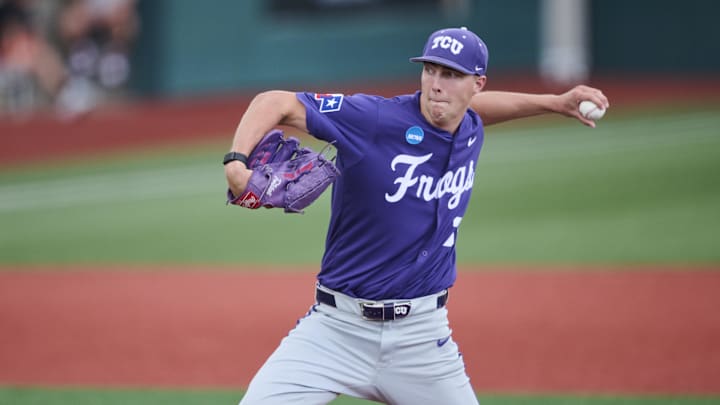 May 31, 2025; Corvallis, OR, USA; TCU pitcher Braeden Sloan (32) throws the ball during the third inning against Oregon St. at the NCAA Corvallis Regional at Goss Stadium. Mandatory Credit: Troy Wayrynen-Imagn Images