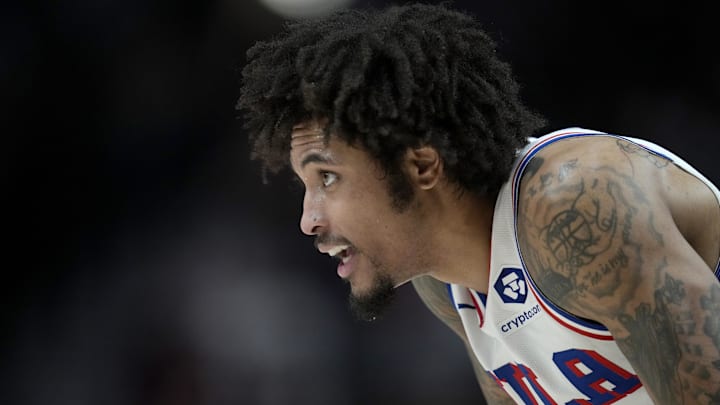 Dec 30, 2024; Portland, Oregon, USA; Philadelphia 76ers shooting guard Kelly Oubre Jr. (9) looks on during the first half against the Portland Trail Blazers at Moda Center. Mandatory Credit: Soobum Im-Imagn Images