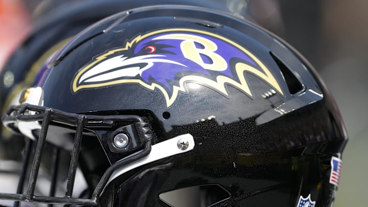 Aug 24, 2024; Green Bay, Wisconsin, USA;  General view of a Baltimore Ravens helmet prior to the game against the Green Bay Packers at Lambeau Field. Mandatory Credit: Jeff Hanisch-Imagn Images