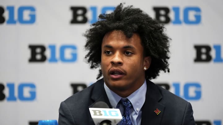 Jul 22, 2025; Las Vegas, NV, USA; Maryland defensive back Jalen Huskey speaks to the media during the Big Ten NCAA college football media days at Mandalay Bay Resort.