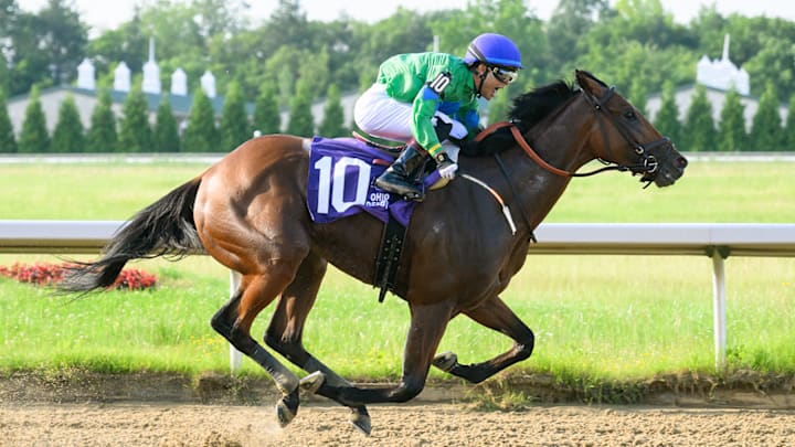 Jun 21, 2025; North Randall, OH; Mo Plex (10) picked up a another stakes victory in the Grade 3 Ohio Derby at Thistledown.