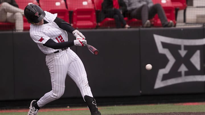 Texas Tech's infielder Cade McGee (12) hits the ball against BYU in game three of their Big 12 baseball series at Rip Griffin Park.