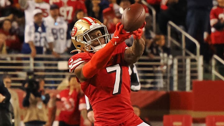 Oct 27, 2024; Santa Clara, California, USA; San Francisco 49ers cornerback Charvarius Ward (7) attempts to gather the ball on a Dallas Cowboys incomplete pass during the fourth quarter at Levi's Stadium. Mandatory Credit: Kelley L Cox-Imagn Images Oct 27, 2024; Santa Clara, California, USA; San Francisco 49ers cornerback Charvarius Ward (7) attempts to gather the ball on a Dallas Cowboys incomplete pass during the fourth quarter at Levi's Stadium. Mandatory Credit: Kelley L Cox-Imagn Images