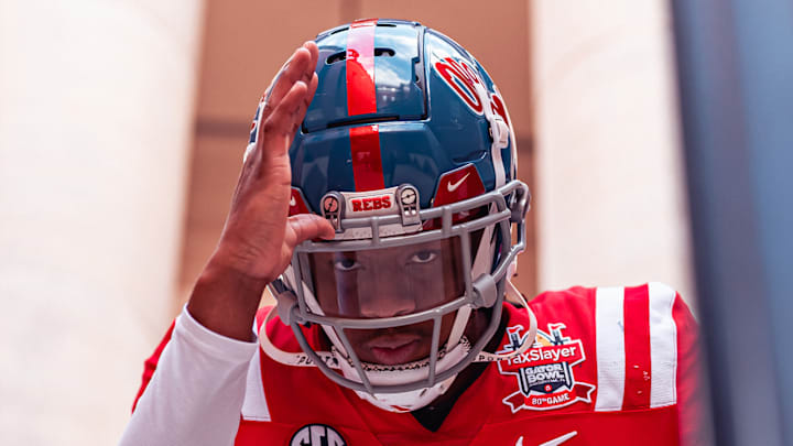 Ole Miss DE Jared Ivey modeling the Rebels' uniform choice for the TaxSlayer Gator Bowl.