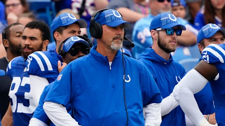 Aug 12, 2023; Orchard Park, New York, USA; Indianapolis Colts defensive coordinator Gus Bradley on the sidelines during the first half against the Buffalo Bills at Highmark Stadium. Mandatory Credit: Gregory Fisher-Imagn Images Aug 12, 2023; Orchard Park, New York, USA; Indianapolis Colts defensive coordinator Gus Bradley on the sidelines during the first half against the Buffalo Bills at Highmark Stadium. Mandatory Credit: Gregory Fisher-Imagn Images
