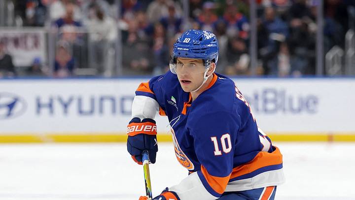 Mar 22, 2026; Elmont, New York, USA; New York Islanders center Brayden Schenn (10) brings the puck up ice against the Columbus Blue Jackets during the second period at UBS Arena. Mandatory Credit: Brad Penner-Imagn Images Mar 22, 2026; Elmont, New York, USA; New York Islanders center Brayden Schenn (10) brings the puck up ice against the Columbus Blue Jackets during the second period at UBS Arena. Mandatory Credit: Brad Penner-Imagn Images