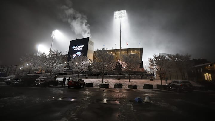 Highmark Stadium remains lit hours after the Buffalo Bills season was wrapped up with their home loss to the Cincinnati Bengals in Orchard Park on Jan. 22.