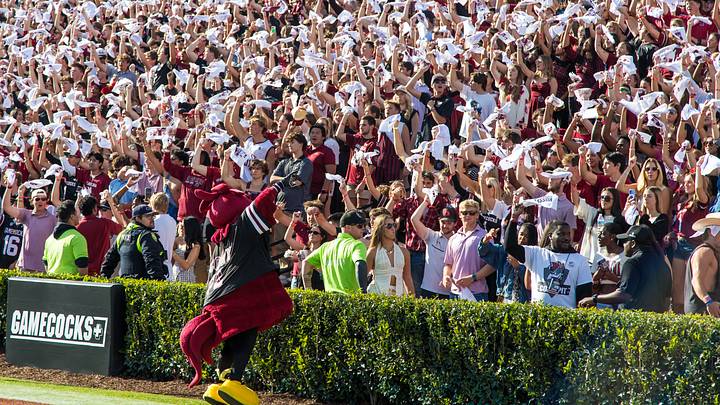 Oct 25, 2025; Columbia, South Carolina, USA; South Carolina Gamecocks mascot Cocky leads the student section in cheers before the game against the Alabama Crimson Tide at Williams-Brice Stadium. Mandatory Credit: Jeff Blake-Imagn Images Oct 25, 2025; Columbia, South Carolina, USA; South Carolina Gamecocks mascot Cocky leads the student section in cheers before the game against the Alabama Crimson Tide at Williams-Brice Stadium. Mandatory Credit: Jeff Blake-Imagn Images