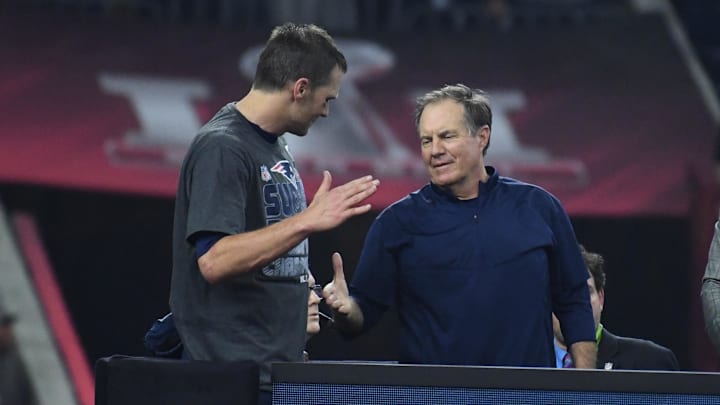Tom Brady and Bill Belichick celebrate after the New England Patriots win Super Bowl LI at NRG Stadium.