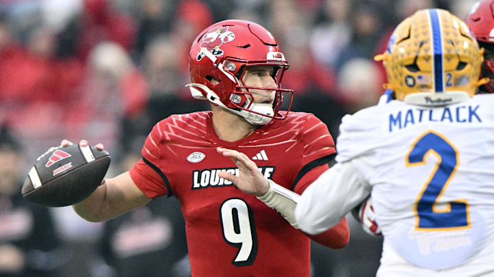 Nov 23, 2024; Louisville, Kentucky, USA;  Louisville Cardinals quarterback Tyler Shough (9) throws against the Pittsburgh Panthers during the first half at L&N Federal Credit Union Stadium. Louisville defeated Pittsburgh 37-9. 