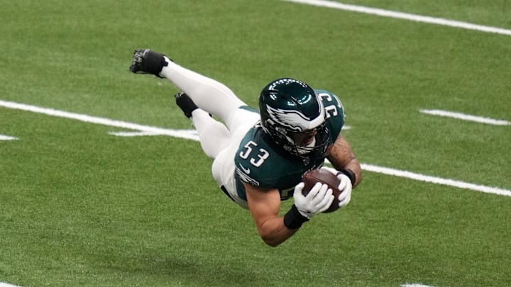 Feb 9, 2025; New Orleans, LA, USA; Philadelphia Eagles linebacker Zack Baun (53) makes an interception against Kansas City Chiefs quarterback Patrick Mahomes (not pictured) during the second quarter in Super Bowl LIX at Caesars Superdome. Mandatory Credit: Kirby Lee-Imagn Images