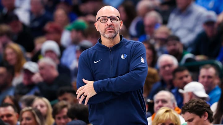 Jan 11, 2024; Dallas, Texas, USA;  Dallas Mavericks head coach Jason Kidd looks during the first half against the New York Knicks at American Airlines Center. Mandatory Credit: Kevin Jairaj-Imagn Images