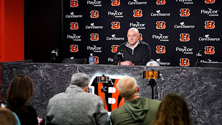 Cincinnati Bengals Director of Player Personnel Duke Tobin addresses the media during a press conference, Friday, Jan. 9, 2026, at Paycor Stadium in downtown Cincinnati.