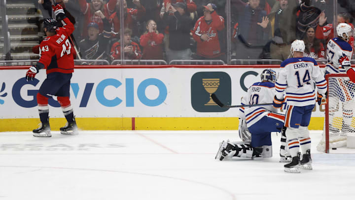 Washington Capitals right wing Tom Wilson (43) celebrates after scoring a goal on Edmonton Oilers goaltender Calvin Pickard (30) 