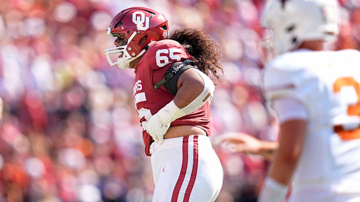 Oklahoma defensive tackle Jayden Jackson celebrates after making a stop as the Sooners battled the Texas Longhorns. Oklahoma defensive tackle Jayden Jackson celebrates after making a stop as the Sooners battled the Texas Longhorns.