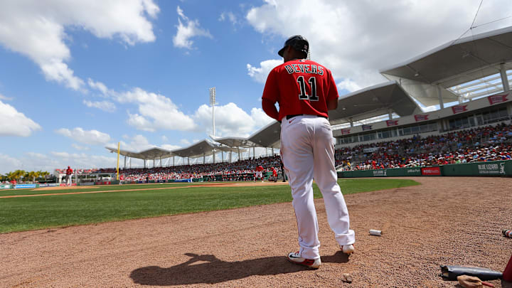 Fort Myers, Florida, USA; Boston Red Sox third baseman Rafael Devers (11) on deck to bat during the fourth inning against the St. Louis Cardinals at JetBlue Park. Fort Myers, Florida, USA; Boston Red Sox third baseman Rafael Devers (11) on deck to bat during the fourth inning against the St. Louis Cardinals at JetBlue Park.