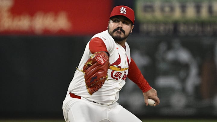 Sep 16, 2025; St. Louis, Missouri, USA; St. Louis Cardinals relief pitcher JoJo Romero (59) pitches against the Cincinnati Reds in the eighth inning at Busch Stadium. Mandatory Credit: Joe Puetz-Imagn Images