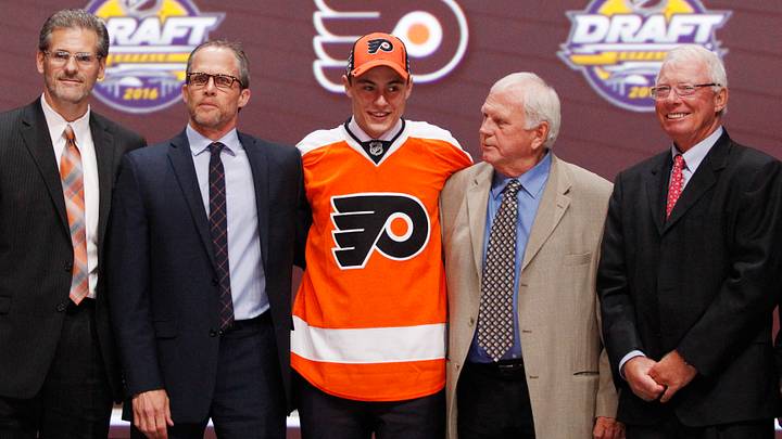 Jun 24, 2016; Buffalo, NY, USA; German Rubtsov poses for a photo after being selected as the number twenty-two overall draft pick by the Philadelphia Flyers in the first round of the 2016 NHL Draft at the First Niagra Center. Mandatory Credit: Timothy T. Ludwig-USA TODAY Sports