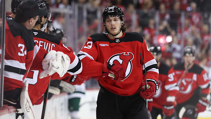 Mar 31, 2025; Newark, New Jersey, USA; New Jersey Devils defenseman Luke Hughes (43) celebrates his goal against the Minnesota Wild during the first period at Prudential Center. Mandatory Credit: Ed Mulholland-Imagn Images