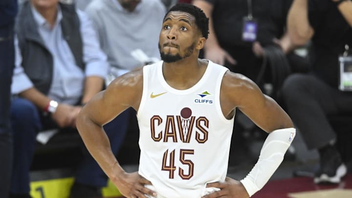 May 6, 2025; Cleveland, Ohio, USA; Cleveland Cavaliers guard Donovan Mitchell (45) reacts in the fourth quarter during game two of the second round of the 2025 NBA Playoffs against the Indiana Pacers at Rocket Arena. Mandatory Credit: David Richard-Imagn Images