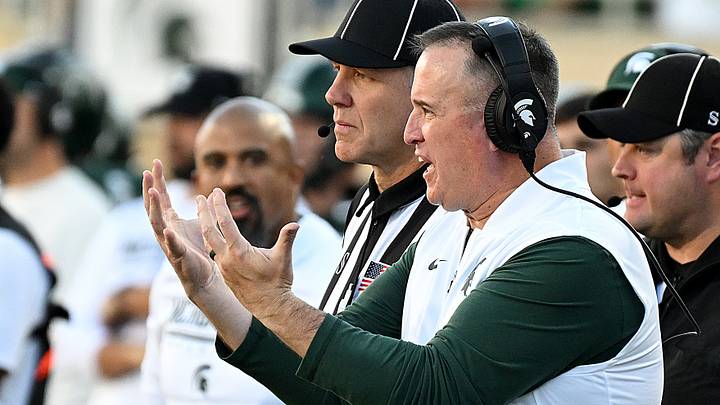 Sep 26, 2026; East Lansing, Michigan, USA;  Michigan State Spartans head coach Pat Fitzgerald protests a call that favored the Nebraska Cornhuskers during the first quarter at Spartan Stadium.  Mandatory Credit: Dale Young-Imagn Images
