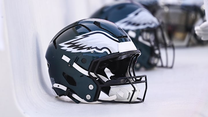 Aug 15, 2024; Foxborough, MA, USA; Philadelphia Eagles helmets sit on the bench during the first half against the New England Patriots at Gillette Stadium. Mandatory Credit: Eric Canha-Imagn Images Aug 15, 2024; Foxborough, MA, USA; Philadelphia Eagles helmets sit on the bench during the first half against the New England Patriots at Gillette Stadium. Mandatory Credit: Eric Canha-Imagn Images