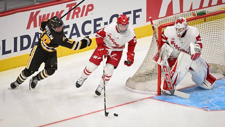 William Whitelaw defends behind the net in a game against the Wisconsin Badgers