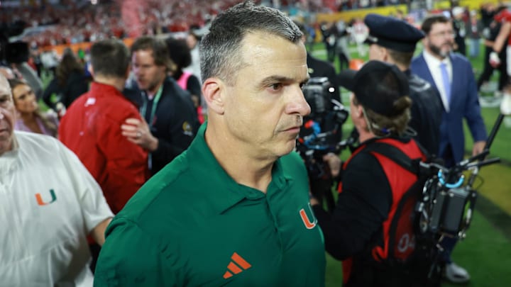 Jan 19, 2026; Miami Gardens, FL, USA; Miami Hurricanes head coach Mario Cristobal reacts after the College Football Playoff National Championship game at Hard Rock Stadium. Mandatory Credit: Mark J. Rebilas-Imagn Images