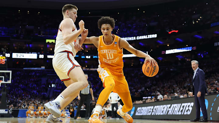 Mar 22, 2026; Philadelphia, PA, USA; Tennessee Volunteers forward Nate Ament (10) dribbles the ball against the Virginia Cavaliers in the first half during a second round game of the men's 2026 NCAA Tournament at Xfinity Mobile Arena. Mandatory Credit: Bill Streicher-Imagn Images