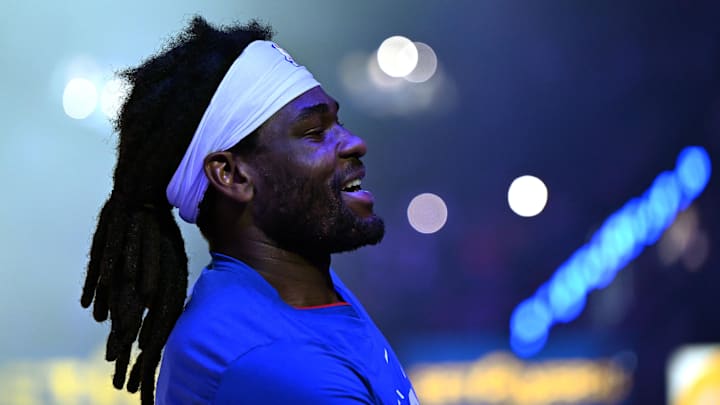 Feb 3, 2026; Detroit, Michigan, USA;  Detroit Pistons forward Isaiah Stewart (28) during player introductions before their game against the Denver Nuggets at Little Caesars Arena. Mandatory Credit: Lon Horwedel-Imagn Images