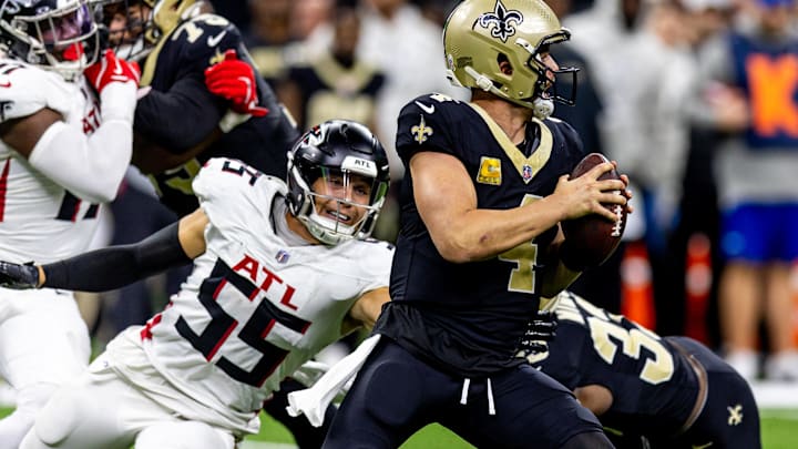 Atlanta Falcons linebacker Kaden Elliss (55) led the team with 16 quarterback hits. Atlanta Falcons linebacker Kaden Elliss (55) led the team with 16 quarterback hits.