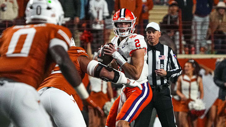 Clemson quarterback Cade Klubnik (2) throws a pass during the game against the Texas Longhorns in the first round of the College Football Playoffs at Darrell K Royal-Texas Memorial Stadium on Saturday, Dec. 21, 2024.
