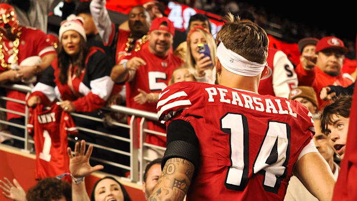 Oct 27, 2024; Santa Clara, California, USA; San Francisco 49ers wide receiver Ricky Pearsall (14) leaves the field after the game against the Dallas Cowboys at Levi's Stadium. Mandatory Credit: Kelley L Cox-Imagn Images