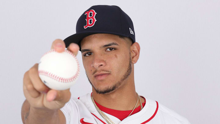 Feb 20, 2024; Lee County, FL, USA; Boston Red Sox pitcher Luis Perales (93) poses for a photo during media day at JetBlue Park. Mandatory Credit: Nathan Ray Seebeck-Imagn Images