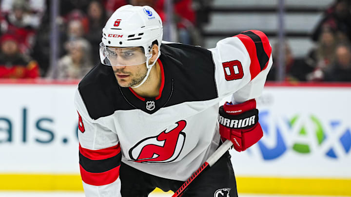 New Jersey Devils defenseman Johnathan Kovacevic (8): David Kirouac-Imagn Images