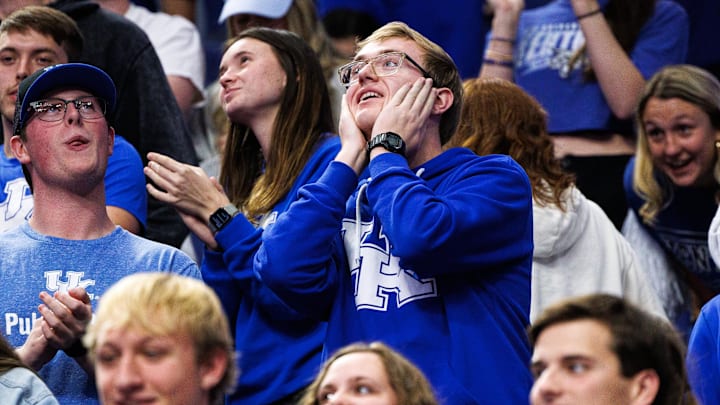 Oct 23, 2024; Lexington, KY, USA; A Kentucky Wildcats fan reacts after a three point basket is made during the second half against the Kentucky Wesleyan Panthers at Rupp Arena at Central Bank Center. Mandatory Credit: Jordan Prather-Imagn Images