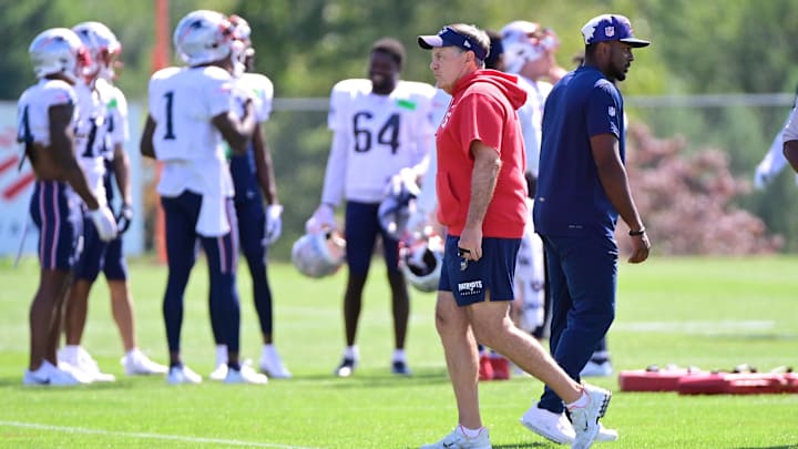Aug 1, 2023; Foxborough, MA, USA; New England Patriots head coach Bill Belichick watches the team