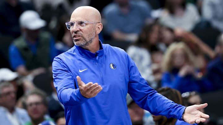 Mar 16, 2025; Dallas, Texas, USA;  Dallas Mavericks head coach Jason Kidd reacts against the Philadelphia 76ers during the second half at American Airlines Center. Mandatory Credit: Kevin Jairaj-Imagn Images