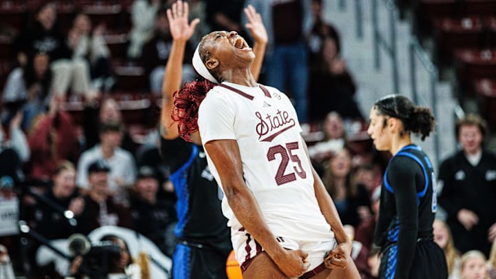 Mississippi State junior Favour Nwaedozi celebrates during the Bulldogs' win against No. 7 Kentcuky.