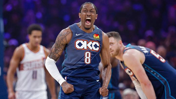 Apr 22, 2026; Oklahoma City, Oklahoma, USA; Oklahoma City Thunder guard Jalen Williams (8) screams after dunking against the Phoenix Suns in the first half during game two of the first round of the 2026 NBA Playoffs at Paycom Center. Mandatory Credit: Alonzo Adams-Imagn Images