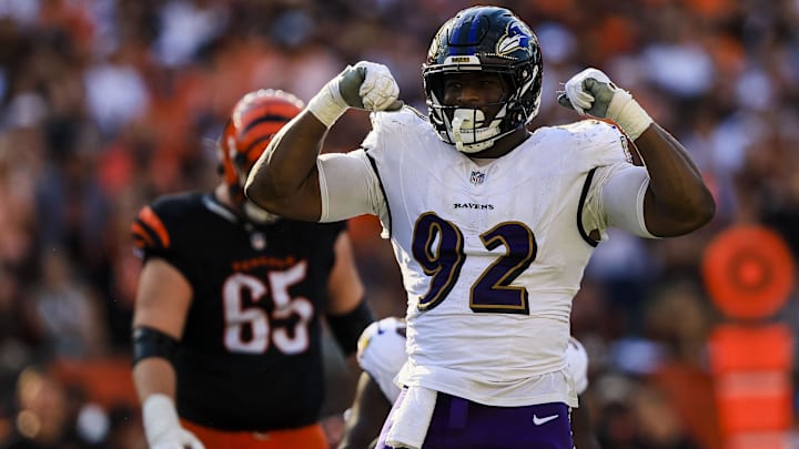 Oct 6, 2024; Cincinnati, Ohio, USA; Baltimore Ravens defensive tackle Nnamdi Madubuike (92) reacts after sacking Cincinnati Bengals quarterback Joe Burrow (not pictured) in the second half at Paycor Stadium. Mandatory Credit: Katie Stratman-Imagn Images