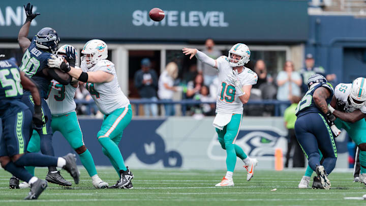 Miami Dolphins quarterback Skylar Thompson (19) throws the ball during the second quarter against Seattle Seahawks at Lumen Field. Miami Dolphins quarterback Skylar Thompson (19) throws the ball during the second quarter against Seattle Seahawks at Lumen Field.