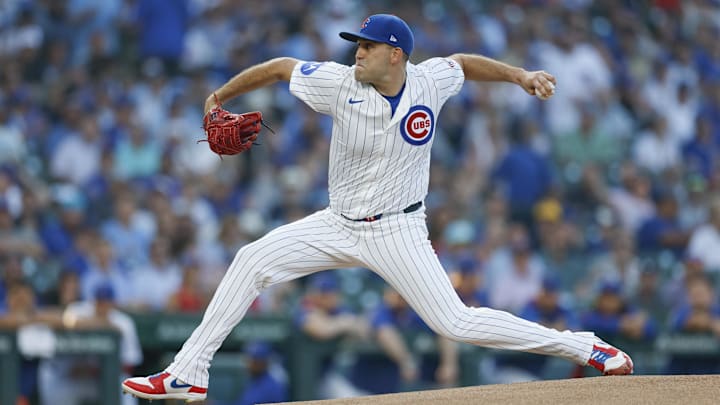 Jul 22, 2025; Chicago, Illinois, USA; Chicago Cubs starting pitcher Matthew Boyd (16) delivers a pitch against the Kansas City Royals during the first inning at Wrigley Field.