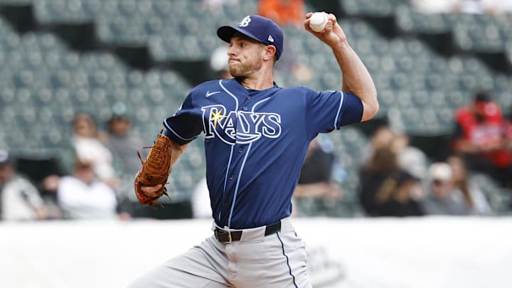 Apr 16, 2026; Chicago, Illinois, USA; Tampa Bay Rays starting pitcher Steven Matz (32) delivers a pitch against the Chicago White Sox during the second inning at Rate Field. 