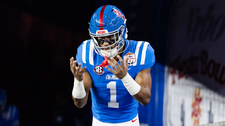 Jan 8, 2026; Glendale, AZ, USA; Mississippi Rebels wide receiver De'Zhaun Stribling (1) against the Miami Hurricanes during the 2026 Fiesta Bowl and semifinal game of the College Football Playoff at State Farm Stadium. Mandatory Credit: Mark J. Rebilas-Imagn Images