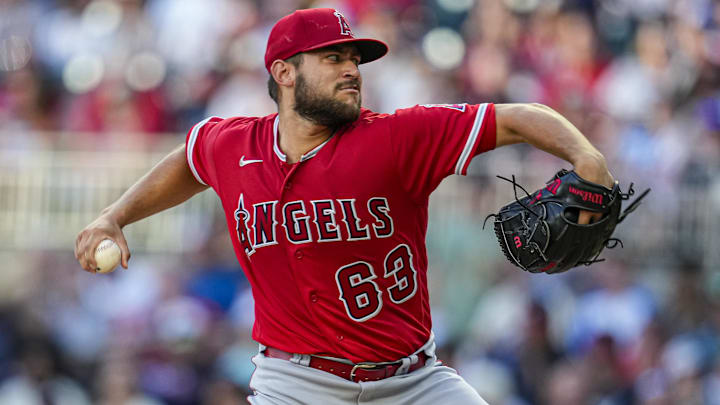 Jul 31, 2023; Cumberland, Georgia, USA; Los Angeles Angels starting pitcher Chase Silseth (63)