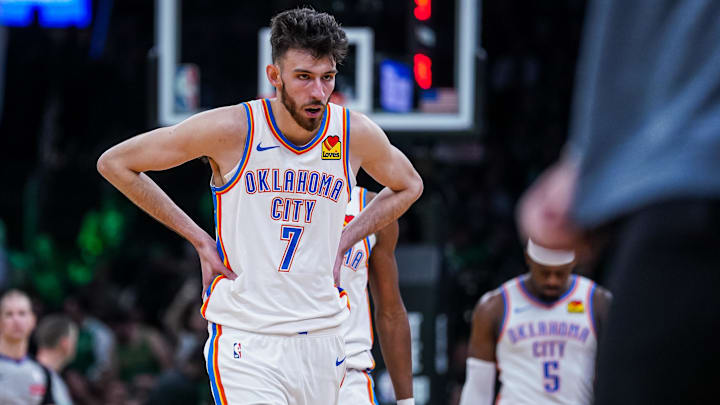 Mar 12, 2025; Boston, Massachusetts, USA; Oklahoma City Thunder forward Chet Holmgren (7) returns to the sideline during a break against the Boston Celtics in the third quarter at TD Garden. Mandatory Credit: David Butler II-Imagn Images