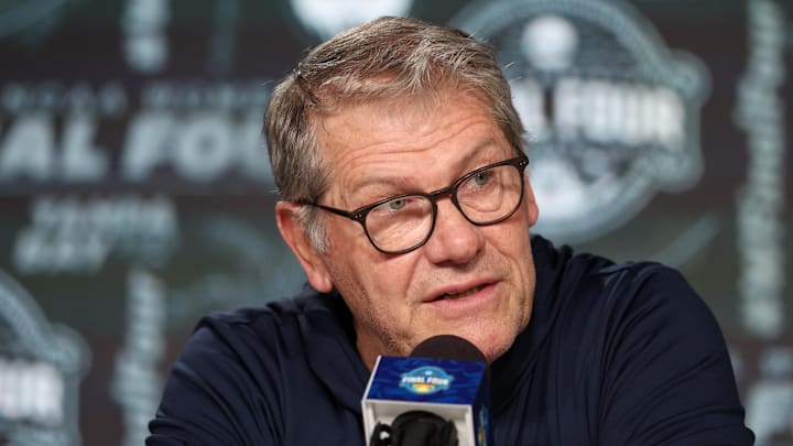 Apr 5, 2025; Tampa, FL, USA; UConn Huskies head coach Geno Auriemma talks to media before the NCAA Woman’s Final practice at Amalie Arena. Mandatory Credit: Nathan Ray Seebeck-Imagn Images